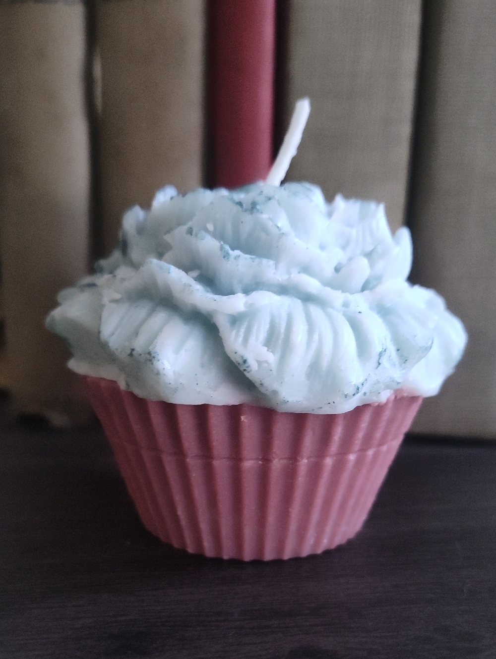 Handmade Cupcake Candle in Light Blue Frosting and Brown Base